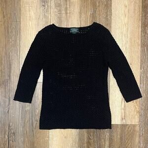 Ralph Lauren Black Crocheted Mercerized Cotton Hand Knit Sweater Women's Sz Lg